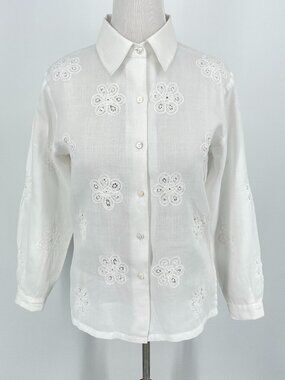 Poetic White 100% Ramie Embroidered Pintuck Tunic Blouse Medium